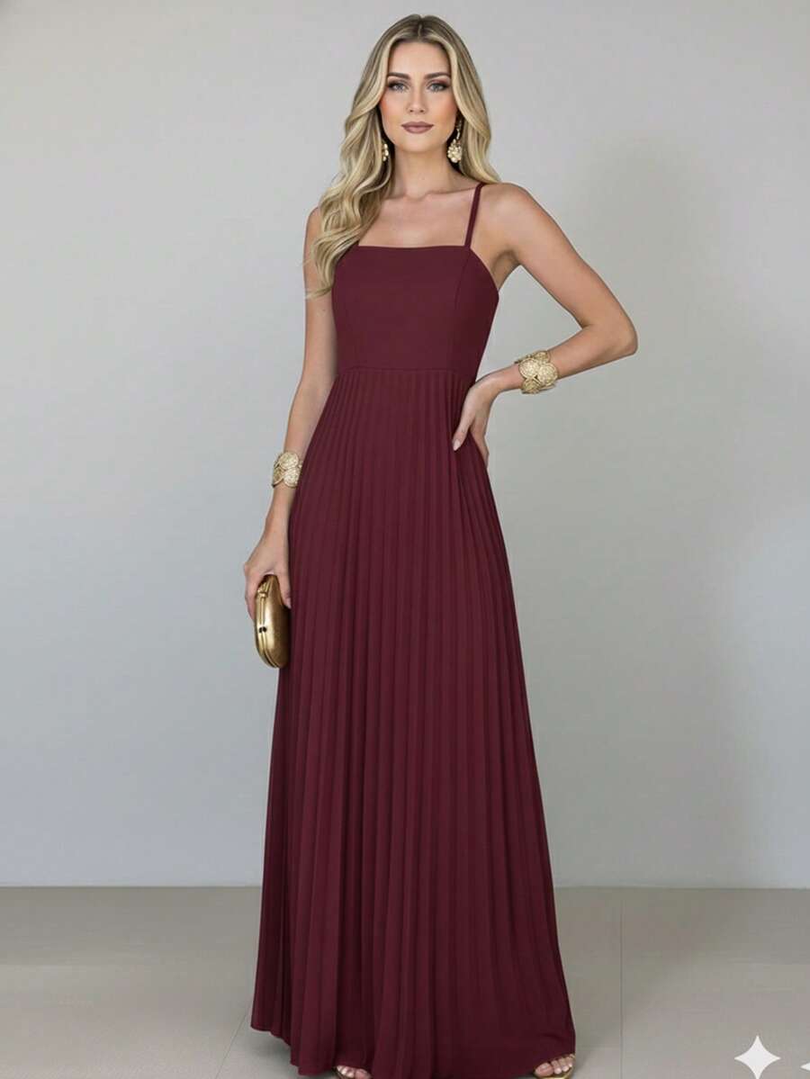 Women's Long Pleated Dress With Thin Straps And Tie Back - Perfect For Weddings, Graduations, Parties, And Christmas - 紅木色 - 查看 1