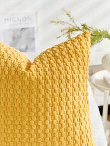 1pc Yellow Bohemian Striped Throw Pillow Cover (Pillow Insert Not Included), Soft Plush Corduroy Solid Color Decorative Square Pillow Sham, Suitable For Holiday, Sofa, Bedroom, Bed, All Seasons - Yellow - View 5