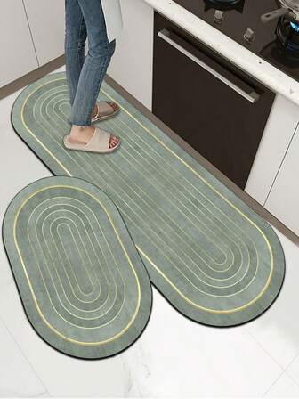 [¡¡¡CALIENTE!!!] 1 pieza Alfombra de goma suave para la cocina, alfombra de cocina de 3,5 mm de grosor, estilo minimalista elegante con línea elíptica verde dorada. Alfombra absorbente grande para la cocina, se puede cortar a medida, material de superficie de tela, capa intermedia de esponja, capa inferior de goma. Adecuada para alfombras de cocina, decoración de cocina, decoración de bodas, decoración del hogar, alfombra de baño, alfombra de entrada, alfombra de lavandería, alfombra de pasillo, alfombra de sala de estar, etc.