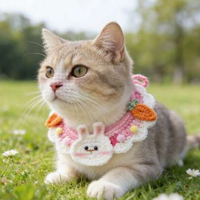 Cute Hand-Knitted Pet Scarf With Bow, Rabbit & Carrot Decor