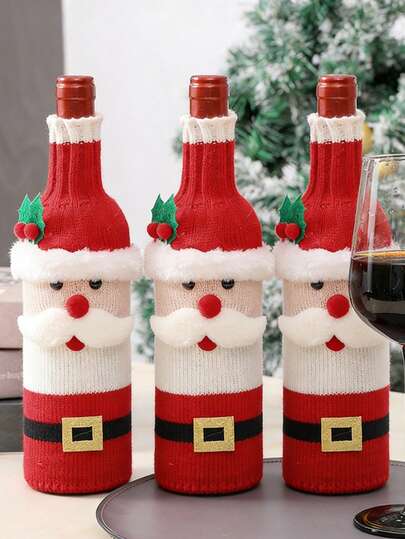 1/3 Packs Christmas Santa Claus Knit Wine Bottle Covers, Holiday Wine Bottle Decorations, Festive Table Centerpiece Accessories, Non-Power Required Holiday & Easter Dining Decor For Christmas Party & Family Dining, Festive Home & Dining Room Decor