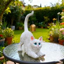 Stretching Cat Figurine, Resin Cat Figurine With Bell On Tail, Stretching Animal Desk Ornament, Decorative Figurines For Garden - White - View 4