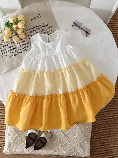 Summer Sleeveless Lace Young Girls Clothes Plain Color Block Spliced Princess Dress 4-7 Years Casual Young Girl Outfits