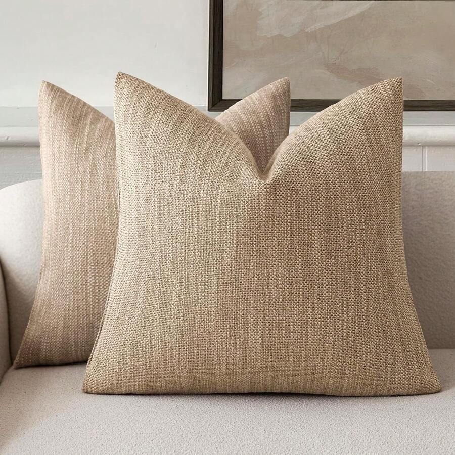 1pc Bohemian Textured Thick Linen Throw Pillow Cover (Pillow Insert Not Included), Plain Linen Craft Decorative Sofa Cushion Cover Suitable For Bedroom, Living Room, Balcony, Dining Table, Home Decor, All Season - Khaki - View 1