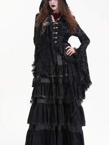 Devil fashion 骷髅提花蕾丝流苏连帽喇叭袖哥特式深色连帽夹克 - 黑色 - 查看 2