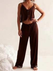 Women Summer Pajama Set Lace Trim Tie Front Cami Tops And Straight Leg Pants 2 Piece Sleepwear Outfit - Màu nâu - Xem 2