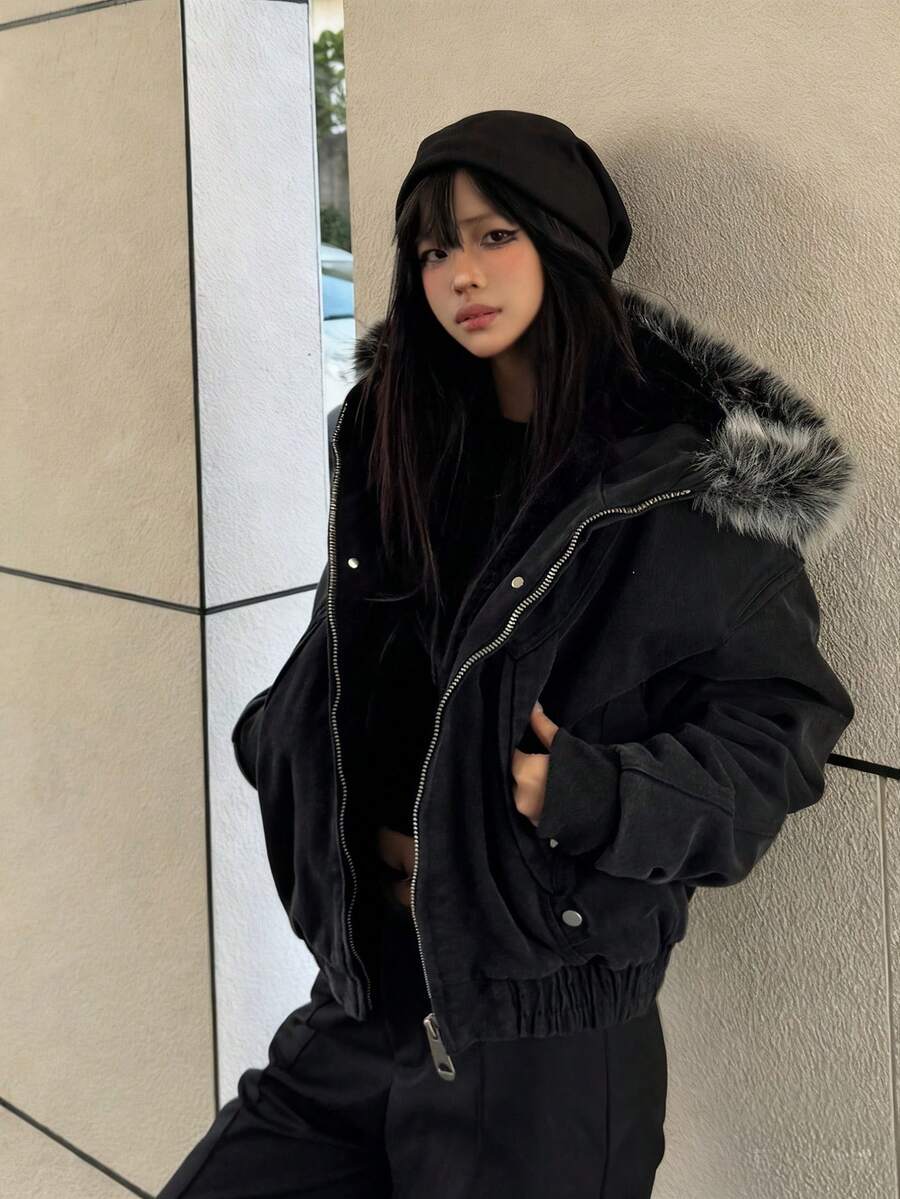 Women's Padded Coat, Warm Thick Padded Coat, Short Puffer Jacket With Fur Collar, Winter - Black - View 1