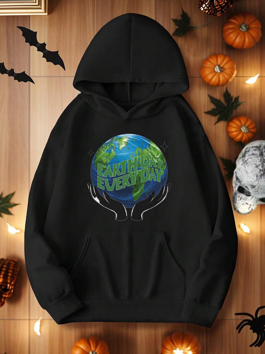 Women-S Earth Day Every Day Graphic Hoodie - Red Longeeve Pullover With Front Pocket, Geometric Design, Polyester Knit Fabric, Casual FallWinter Wear - 黑色9 - 查看 1
