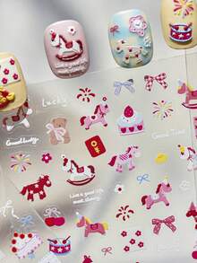 1pc Cute Cartoon Pony Bear Red Flower Firework Bow Lucky Bag Cake Press-On Nail Stickers 5D Nail Art Celebration Festive Whimsical Self Adhesive Nails For Women's Joyful DIY Manicure Decals - Multicolor - View 6