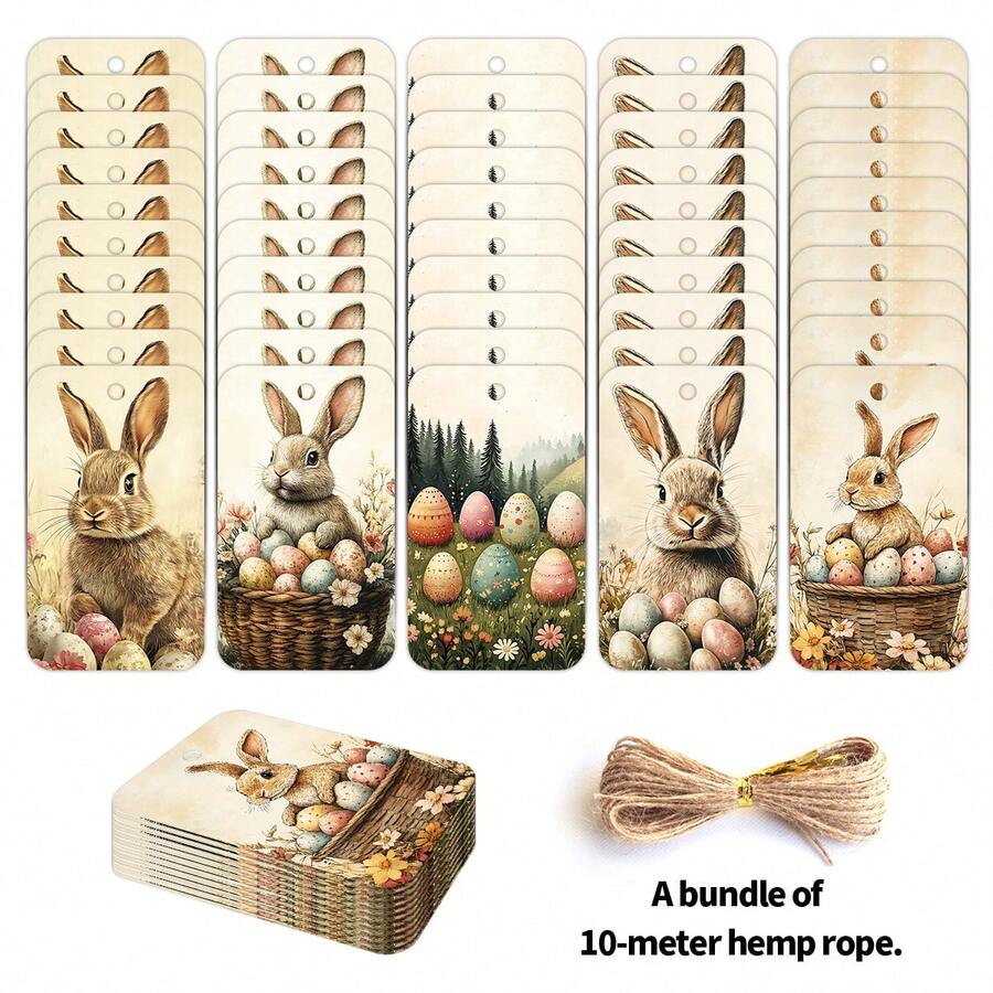 50 Thẻ quà tặng hình thỏ và trứng Phục sinh cổ điển kèm dây gai dầu - Nhãn treo hình thỏ dễ thương cho ngày lễ, dùng để gói quà và trang trí tiệc, Thẻ quà tặng giấy Phục sinh - Nhiều màu - Xem 1