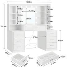 Großer Schminktisch mit Spiegel – 10 LED-Leuchten, 3 Farben + einstellbare Helligkeit, 7 Schubladen + 8 offene Ablagen, Schminktisch mit Steckdose, modernes weißes Design - EU C-Typ Stecker (220-240V) - Übersicht 4
