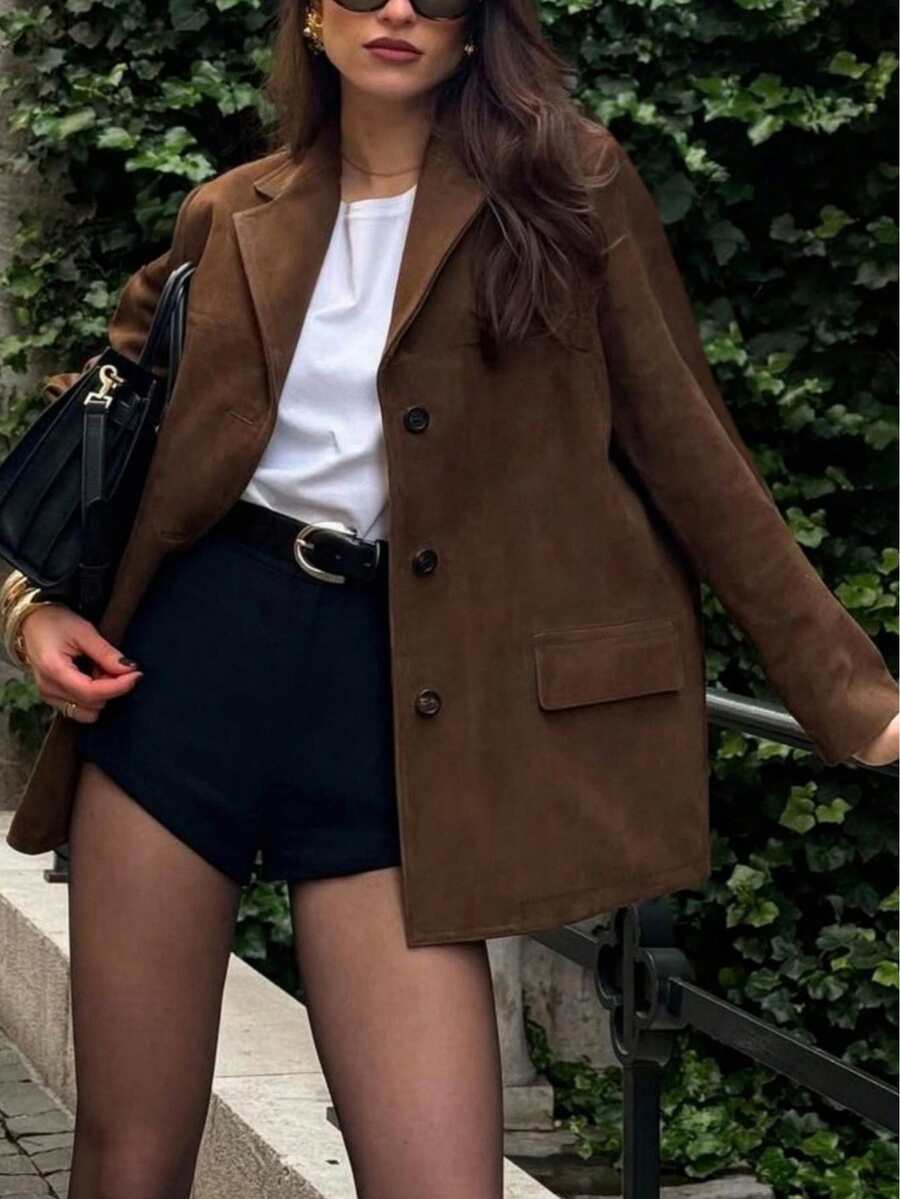 优雅时尚的女士长袖绒面革宽松西装外套 - 秋冬通勤的理想选择