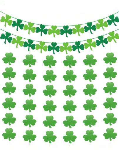 3pcs/1pc St. Patrick's Day Clover Decor, Dark & Light Green Clover Wreath Hanging Ornament, Glitter Felt Lucky Banner, Suitable For Home Fireplace, Office, Irish Day Party, St. Patrick's Day