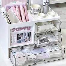 1pc Desk Organizer Box With Drawers, Student/Office Supplies, Cosmetics, Stationery Storage Rack - White - View 4