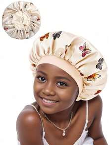 Awegeo 1pc Kids Butterfly Printed Elastic Wide Brim Comfortable Beanie Cap - Beige - View 6