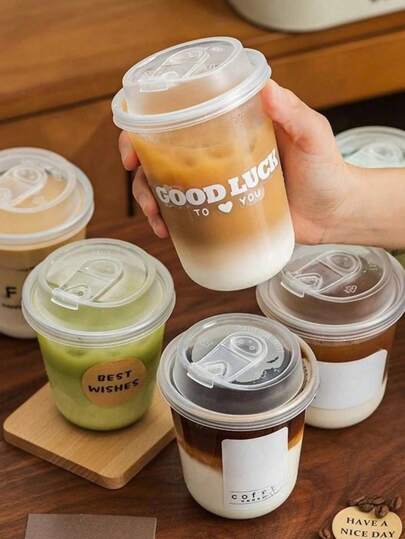 10pcs/Set Thick PET Coffee Cups, Insulated Plastic Cups With Lids, Leak-Proof Design, Heat-Resistant And Spill-Proof, Flip-Top Drinking, Ideal For Coffee Lovers, Also Suitable For Milk Tea, Coffee, Juice And Other Beverages. Great For Takeout From Beverage Shops Or Homemade Drinks. Stylish And Practical (Stickers Included As A Free Gift).