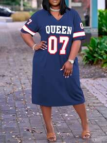 Plus Size Summer Fashionable Loose V-Neck Dress With Letter Print