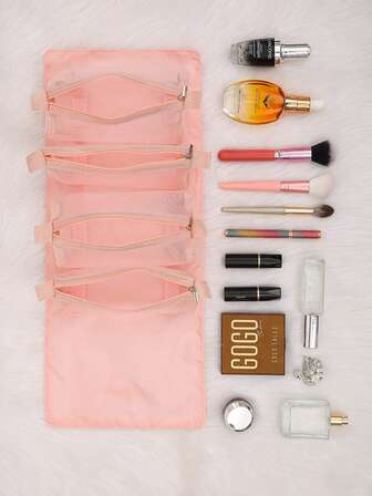 Bolsa de viaje plegable y desmontable de 4 en 1 para artículos de tocador y cosméticos, bolsa de almacenamiento de artículos de viaje esenciales, bolsa de almacenamiento rosa y negra, bolsa de almacenamiento práctica para equipaje