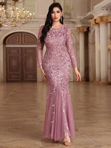 Long Sleeve Contrast Floral Sequin Mesh Fitted Elegant Evening Gown, Mermaid Hem Party Formal Dress, Mother Of The Bride Dress, Wedding Guest Dress, Suitable For Graduation Ceremony, Banquet, Birthday Party - Dusty Pink - View 1
