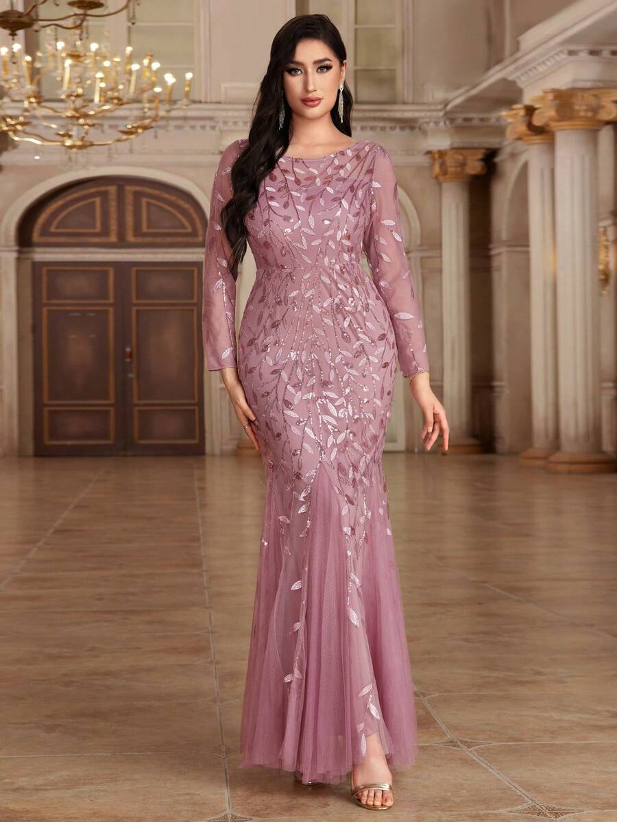 Long Sleeve Contrast Floral Sequin Mesh Fitted Elegant Evening Gown, Mermaid Hem Party Formal Dress, Mother Of The Bride Dress, Wedding Guest Dress, Suitable For Graduation Ceremony, Banquet, Birthday Party - Dusty Pink - View 1