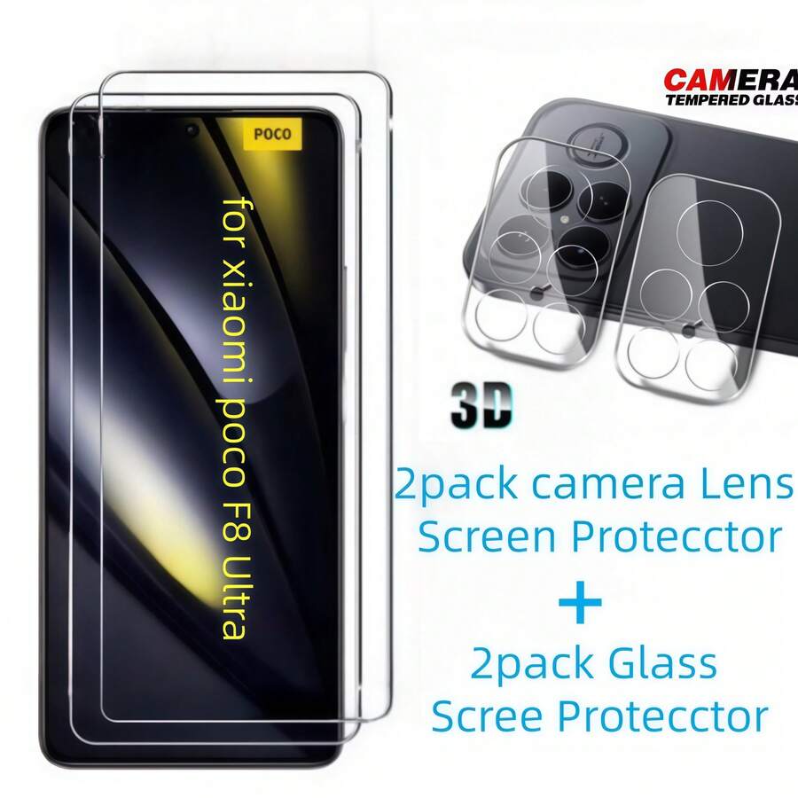Juego de 4 piezas para Xiaomi Poco F8 Pro/Poco F8 Ultra, 2 protectores de pantalla de vidrio templado + 2 protectores de lente de cámara, protección de pantalla esencial 3D HD 9H anti-arañazos, aplicable a protección diaria, oficina, hogar. Protector de pantalla de teléfono, accesorios de teléfono a prueba de agua, a prueba de golpes, resistente a caídas y arañazos
