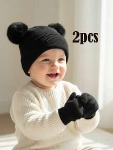 2pcs/Set Toddler Boys & Girls Knitted Beanie Hat + Gloves Set, Baby Winter Warm Hat And Gloves Set, 2 Pieces
