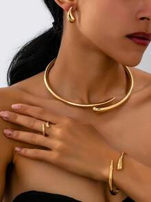 1套頸鍊+1套手鍊+1枚戒指，歐美時尚極簡重金屬幾何圓形光澤女士頸鍊手鍊戒指珠寶套裝 - 幾何 - 查看 9