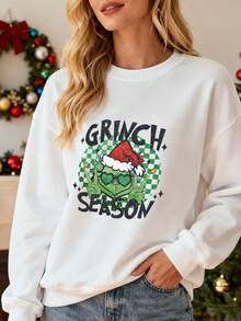 Season con estampado de , sudadera para mujer, adecuada para fiestas de Navidad, regalo para ella, con diseño de gafas de corazón y sombrero de Santa, estilo festivo y divertido, cómoda y cálida para el invierno - Blanco - Ver 1