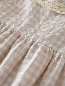 Summer Sweet & Cute Plaid Print Woven Fabric Lace Collar Camisole Dress For Girls - Beige - View 6