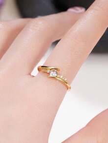 1枚优雅立方氧化锆戒指，女士婚礼订婚派对珠宝，情人节礼物 - 金黃色 - 查看 8