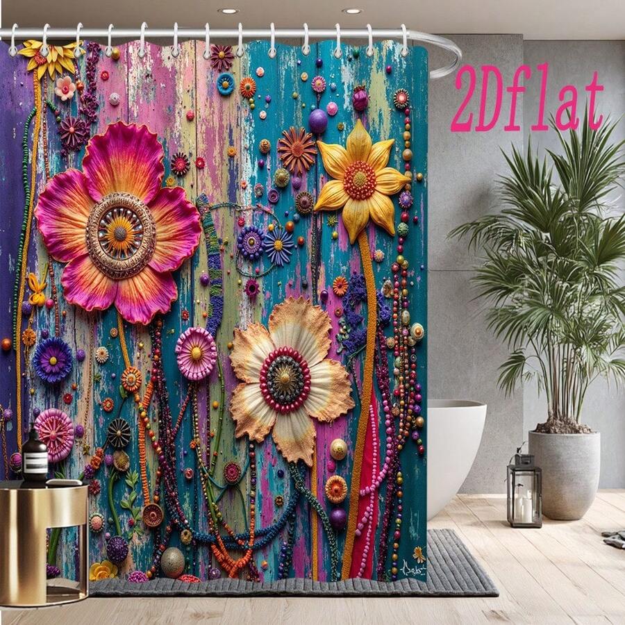 1pc High Quality Vintage Colorful Striped Floral Print Shower Curtain,100% Polyester,Machine Washable,Includes 12 Hooks,For Bathroom, Separate Wet And Dry Areas,Bathroom Decor And Accessories - 顏色12 - 查看 1