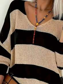 Jersey con cuello en V con estampado de letra, de talla grande, de manga larga y puños enrollados, ropa de mujer de estilo casual - Albaricoque - Ver 1