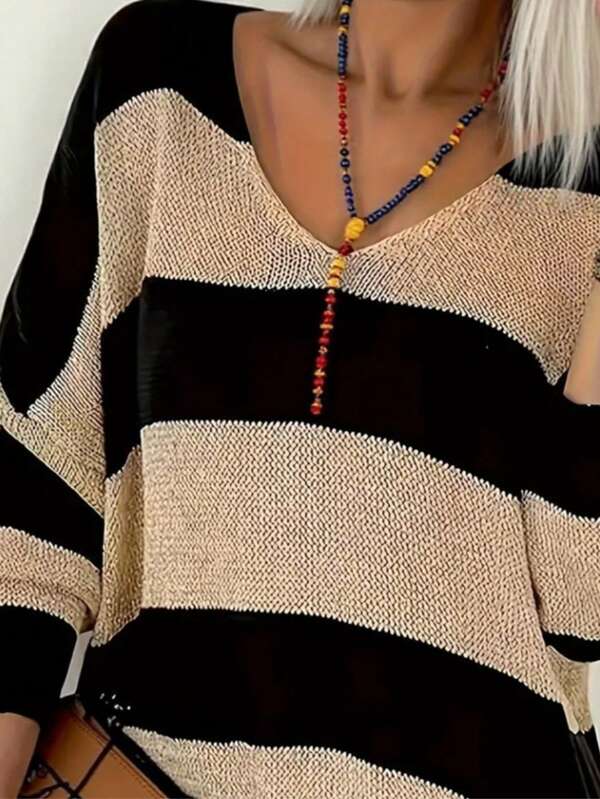 Letter Pattern V Neck Plus Size Sweater, Casual Long Sleeve Rolled Trim Sweater, Women's Clothing