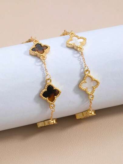 2 st/set moderiktigt klassiskt armband med leopardmönster och vitklöverdesign