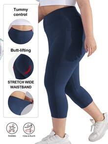 Quần legging dài đến mắt cá chân 7/8 màu trơn dành cho nữ cỡ lớn, cạp cao, ôm bụng, tạo hiệu ứng nâng mông, có túi bên hông, chất liệu co giãn (XL-5X) - ôm sát, co giãn spandex, phù hợp cho tập thể dục, đạp xe, yoga mùa hè. - Dark Blue - Xem 4