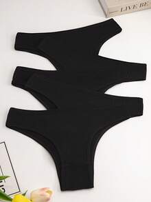 5pcs Women's Black Breathable  Mid-Rise Sexy T-Back Panties - Black - View 2