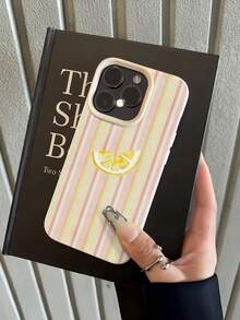 1pc White & Light Striped Lemon Pattern Minimalist Full Coverage TPU Shockproof Phone Case Compatible With Apple 17, 16, 15, 14, 13, 12, 11 Pro Max, Air, And Series - Multicolor - View 3