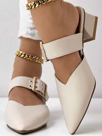 Dam Beige Mary Jane Slip-On-Slip fyrkantigt spänne spetsig tå Chunky hälskor, elegant pendlare daglig komfort lågklackat dam nya mulor