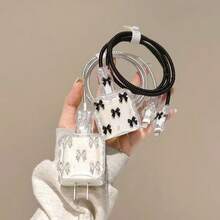 5-In-1 Charging Adapter Protector Case Set Compatible With Apple 13/14/15/16 18/20W Chargers, Artificial Resin Coating, Thick Anti-Drop Design, With Protective Cable, Comes With Strap, Great Gift - Black Butterfly - View 2