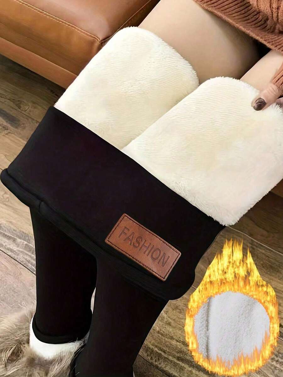 Women's High-Waisted Fleece-Lined Leggings - Black & White, Stretchy Slim Fit, Fashion Label Detail, Fall/Winter Warm Bottoms, Women's Casual Leisure Leggings | All-Age Fit (Teens To Adults) | Soft Comfortable Daily Wear - 黑色 - 查看 1