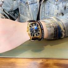 GUANQIN Retro Barrel Shaped Large Dial Mechanical Watch For Men, Fashion Minimalist Hollow Dial Dress Watch, Suitable For Halloween, Christmas, Father's Day, Valentine's Day, Students, Festivals, Dates, Business, Daily Wear, Gifts - 黑色 - 查看 4