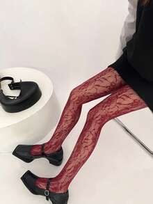 1Pc Y2K Style Plus Size Solid Color Hollow-Out Pantyhose Women's Sexy Fishnet Thigh-High Stockings High Elastic Comfortable & Breathable Fits 80-200 Lbs Versatile For Daily Wear Commute  Fashion Essential Hosiery - 酒紅色 - 查看 2