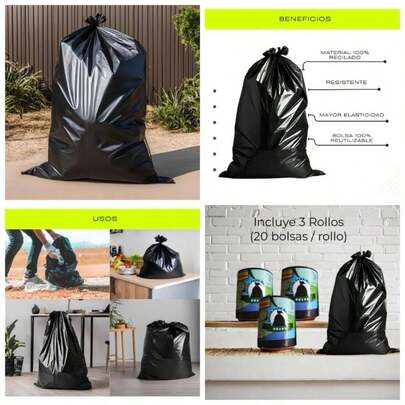 Bolsas de Basura Negra Biodegradables de Polietileno 90x120 20 bolsas, Paquete de 2 Rollos Resistentes y Ecolgicas para Uso Domstico y Comercial