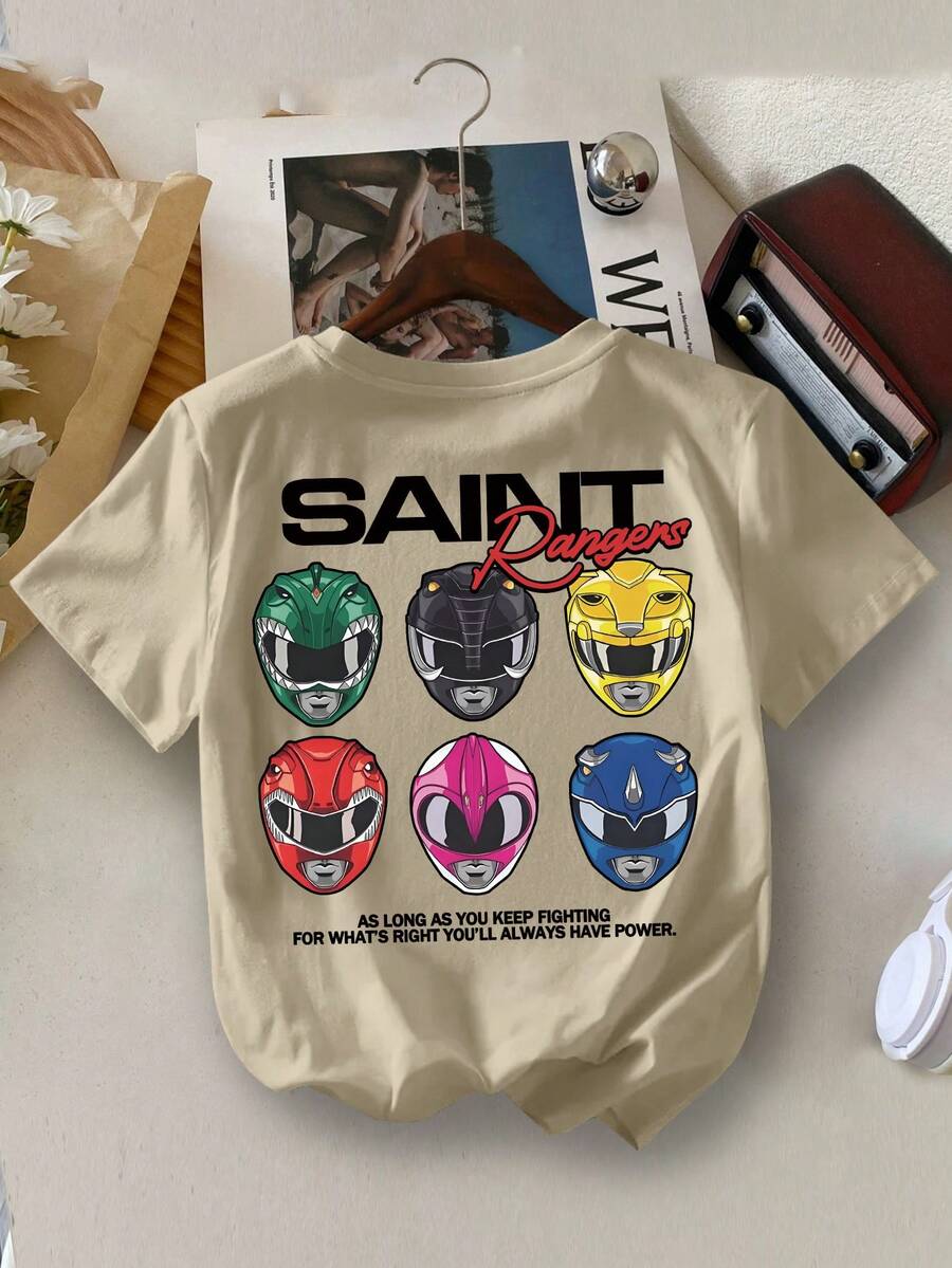 Young BoyCasual YongBoy 极简赛车头盔字母印花圆领夏季T恤 - 卡其色 - 查看 1