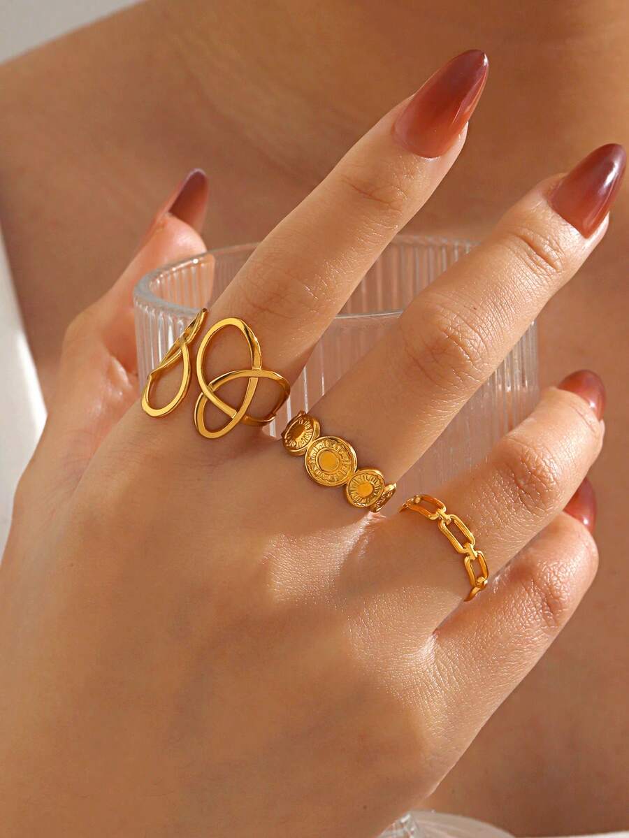 3pcs/Set Stainless Steel Minimalist Geometric Line Design Rings Set, Suitable For Women's Daily And Party Wear