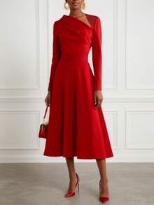 Váy dài tay thanh lịch màu trơn dành cho nữ, cổ bất đối xứng, eo thắt, ôm vừa vặn, phù hợp mặc hàng ngày nơi công sở, tiệc tùng, đa năng, sang trọng và duyên dáng - Đỏ - Xem 1