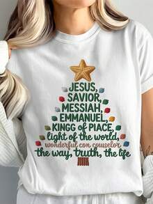 Hot Stamping Printed Faux Crochet Christmas Print T Shirt, Casual Comfort Fit Short Sleeve Crew Neck T Shirt For At All Seasons, Women's Clothing - Black - View 2
