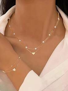 مجموعة مجوهرات 3 قطع من سوار وقلادة ذات طبقتين بتصميم قلب أنيق وبسيط، مناسبة للارتداء اليومي وكهدية