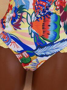 2025 Women's New Vacation Plant Print Patchwork Flounce Halter One-Piece Swimsuit - Black - View 5