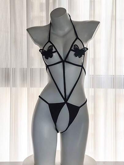 1pc Women's Sexy Butterfly Hollow Out Crotchless Bodysuit, Lingerie Uniform, Suitable For Home Use